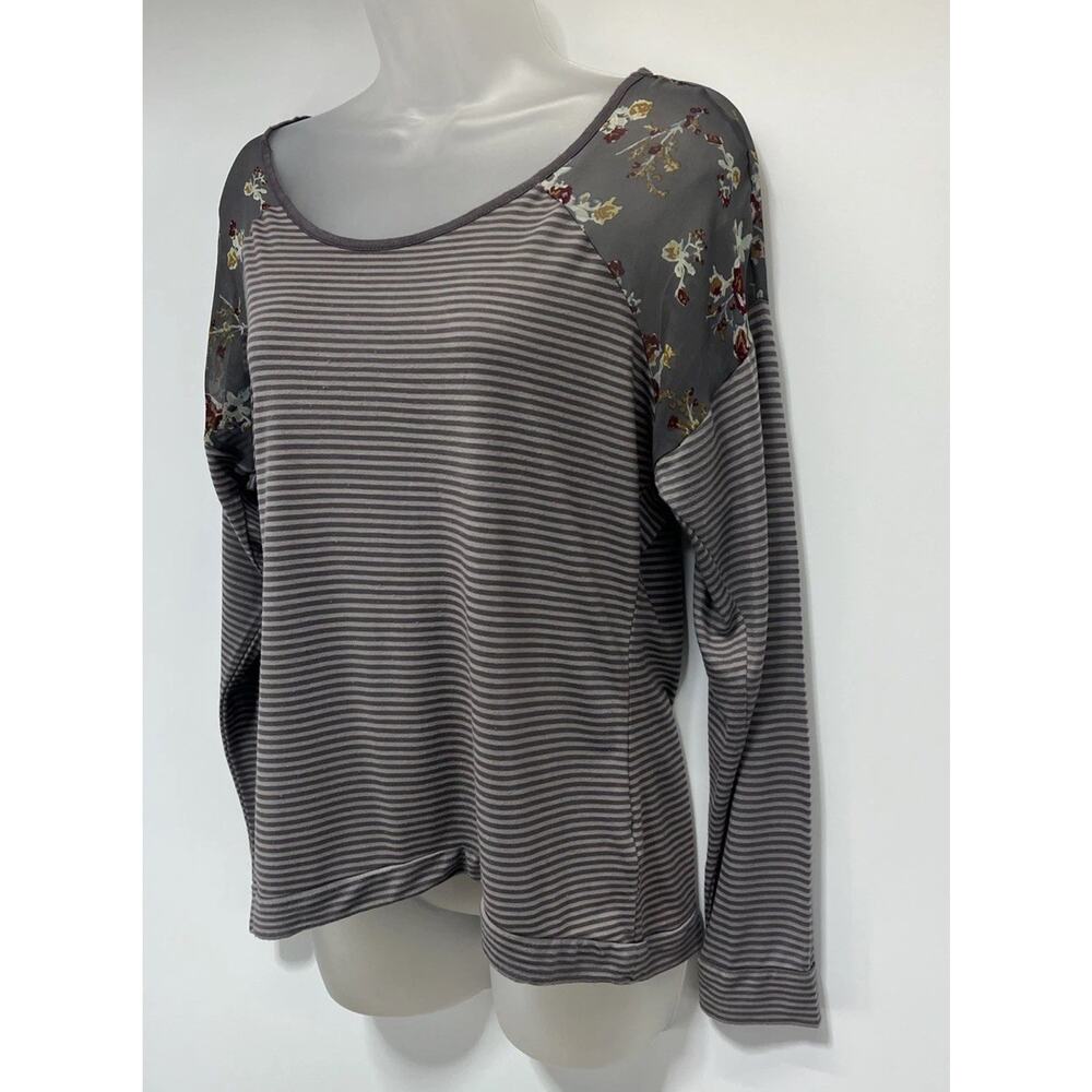Mudd Top Womens Size M Gray Floral Striped Long Sleeve Boho Grunge Peasant - Picture 3 of 9